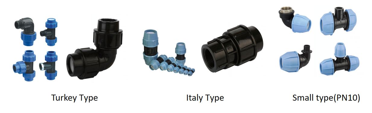This picture shows the different types of pp compression fitting